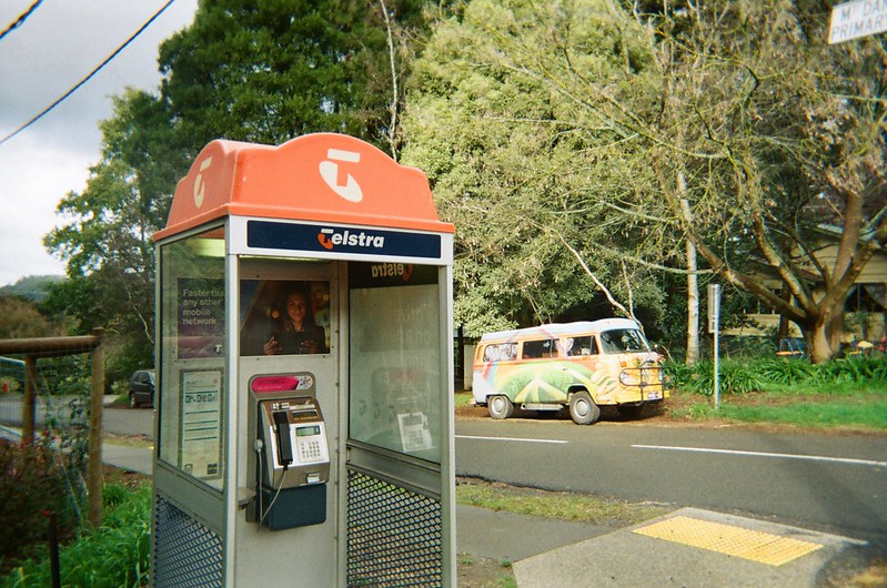 Payphone booth and VW hippie van