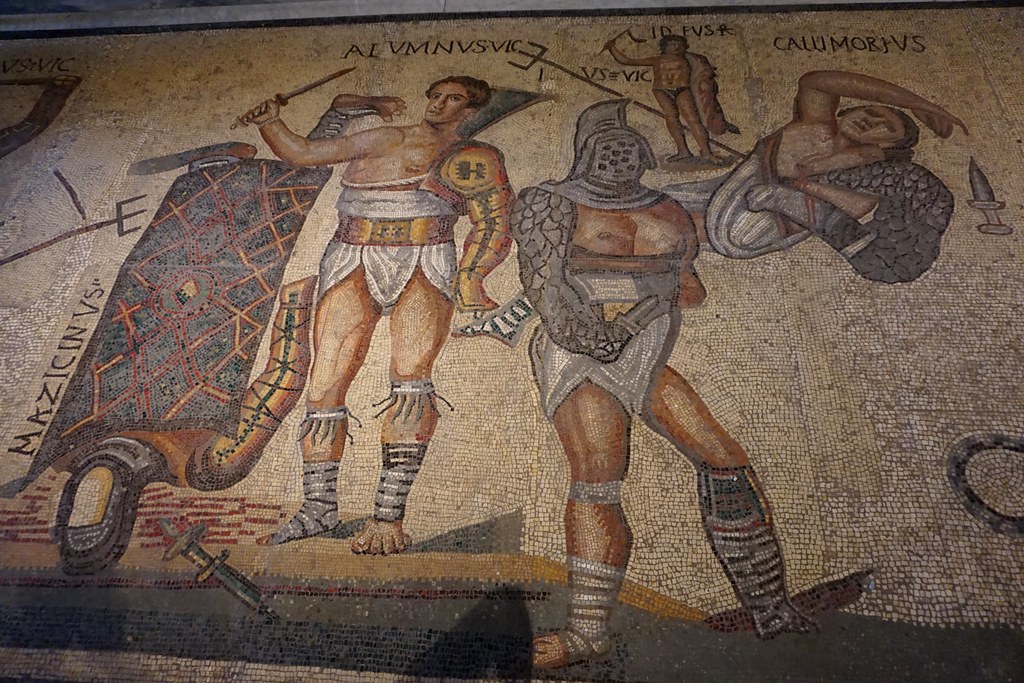 Fight of gladiators / Lluita de gladiadors, mosaic, Galleria Borghese, Roma