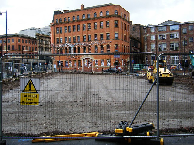 Manchester, Northern Quarter - This is where the car park where the metal modern art structure was, but no longer is .....check album for picture of original artwork