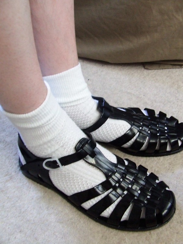 Jelly sandals and white turn over top ankle socks.