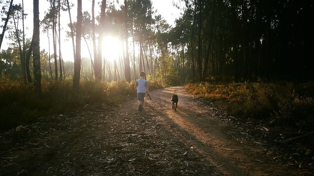 Son walking dog <3