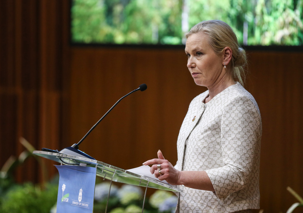 Swedish Minister for Infrastructure Ms. Anna Johansson, speaks during a seminar marking the visit of King Carl XVI Gustaf of...