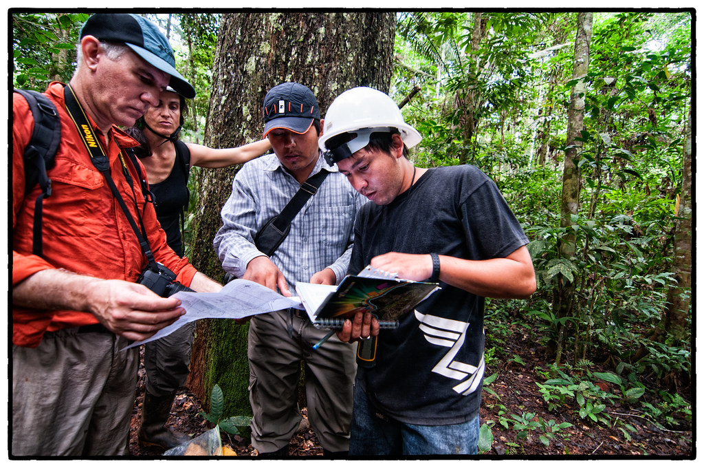 Center for International Forestry Research (CIFOR) scientists Manuel Guariguata (far left), Cara Rockwell (center left) and team in a Brazil...