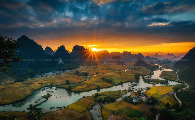 Magical sunset on the area near mountain Ngoc Con, Cao Bang province, Vietnam