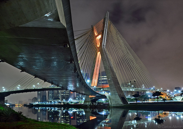 Under one of the cable-stayed bridge's deck -  Ponte Octavio Frias de Oliveira by night - Sao Paulo, Brazil
