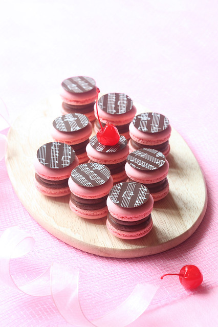 Macarons with Chocolate Ganache and Cherry Confit