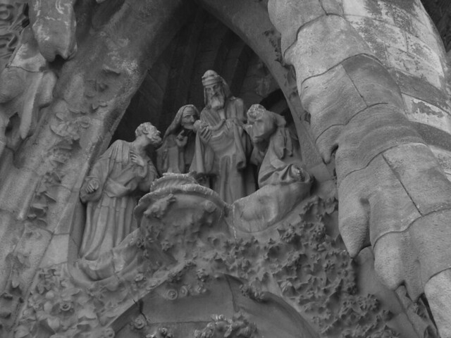 Barcelona Sagrada Familia facade detail B&W