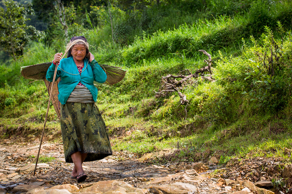 An old woman walks home from the fields.