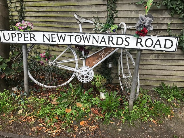 Iwona Zakierska's Ghost Bike at corner of Upper Newtownards Road and North Road, Belfast