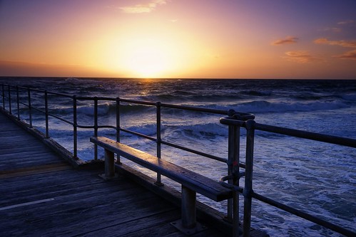 sunset sea waves pier australia portnoarlunga bench