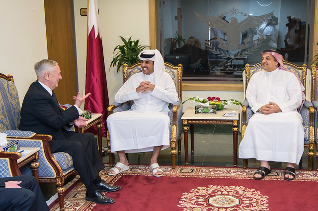 Secretary of Defense Jim Mattis meets with Qatar’s Emir Sheikh Tamim bin Hamad Al-Thani and Defense Minister Khalid bin Mohammad Al Attiyah at Al Udeid Air Base in Qatar on Sept. 28, 2017