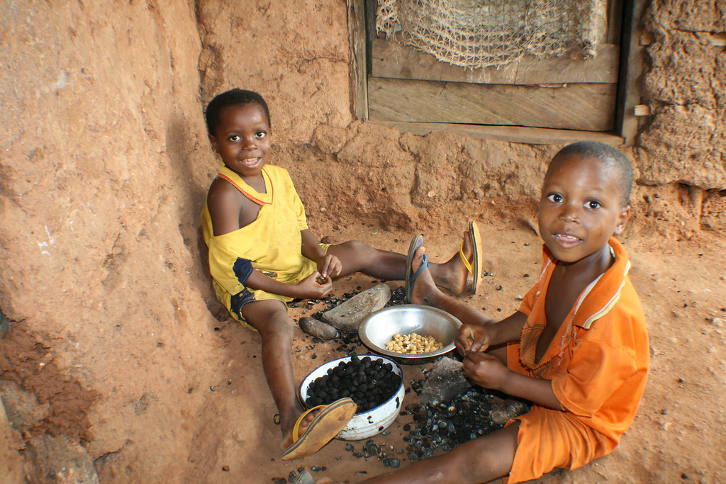 Children in Cameroon de-shelling food.