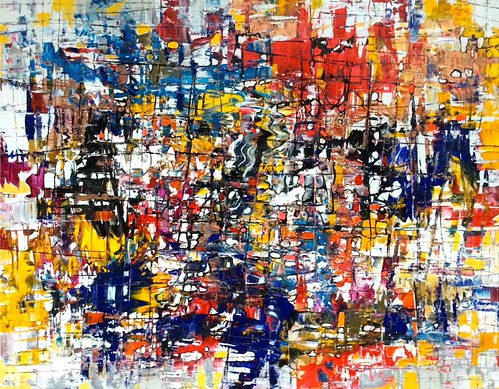 Dense crosshatched marks in red, blue and yellow