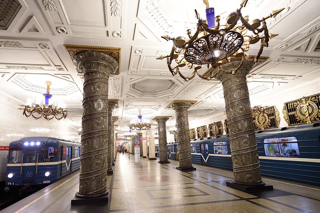 Metro trains at Avtovo station in Saint Petersburg, Russia