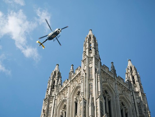 A flyover of @dukechapel honors the fallen during today's memorial of the #DukeLifeFlight crash. Our condolences to their family, friends, and colleagues.