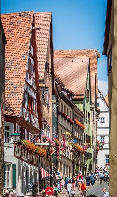 Picturesque buildings on the main street of the medieval town of Rothenburg in Germany
