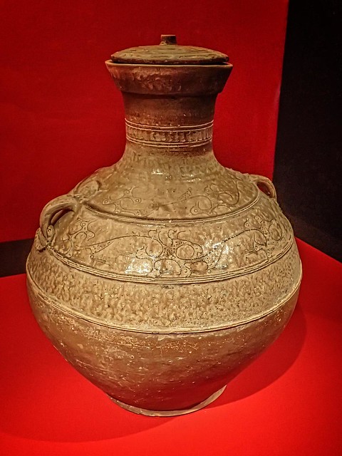 Ceramic wine vessel (hu) with a design of birds amid clouds from Yandai Moutain, Yizheng Jiangsu China Western Han period 1st century BCE