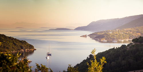 Sivota bay during sunrise. A panorama of 6 vertical shots taken with a Sigma 50-150 f/2.8 at f/9 by Kiwi Tom,