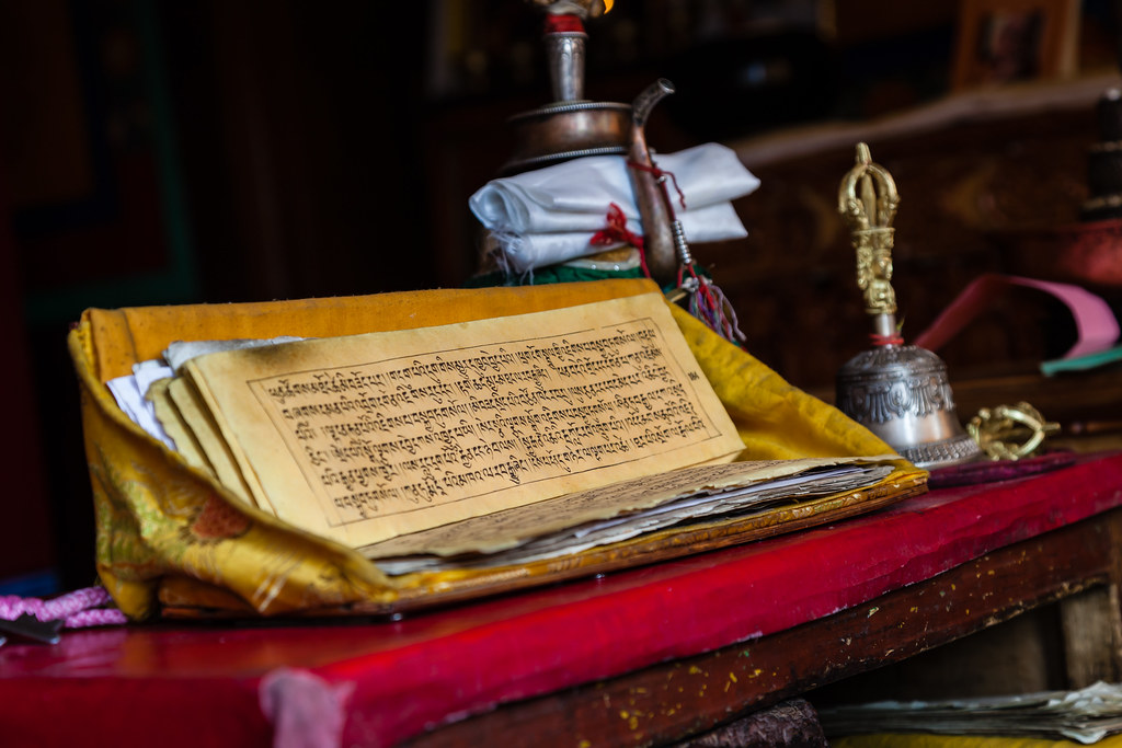 Prayer book inside Spituk Gompa - Leh, Ladakh, Northern India