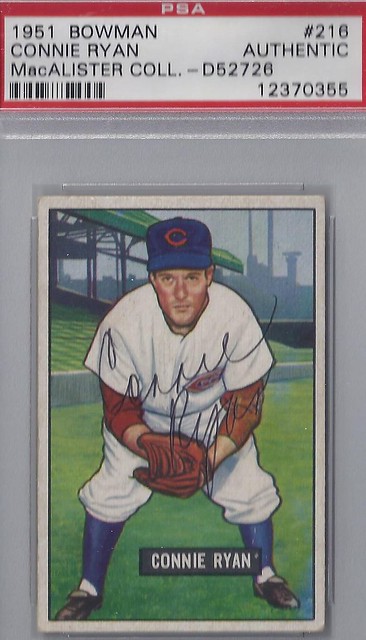 1951 Bowman - Connie Ryan #216 (Infielder) (b. 27 Feb 1920 - d. 3 Jan 1996 at age 75) (PSA Certified / MacAlister Collection) - Autographed Baseball Card (Cincinnati Reds)