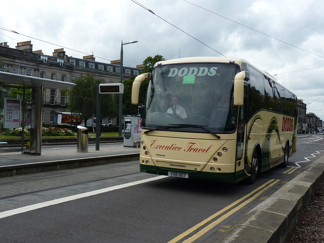 Dodds Coaches of Troon Volvo B12B Jonckheere Mistral YXD507, formerly CC06DOT, at Shandwick Place, Edinburgh, on 2 August 2017.