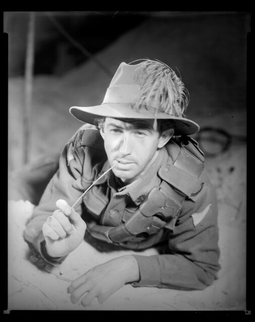 Film still of Chips Rafferty in uniform from Charles Chauvel's movie 40,000 Horsement