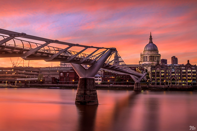Millennium Bridge and St Paul's Cathedral at Sunset