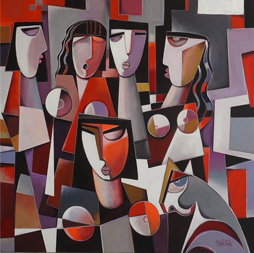 Group of angular faces in red, black and grey