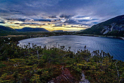 shoreline sunset bay mountains highdynamicrange larkharbor clouds hdr lrhdr weather manipulations scenic lightroomhdr ocean newfoundland water canada locationrecorded mountain
