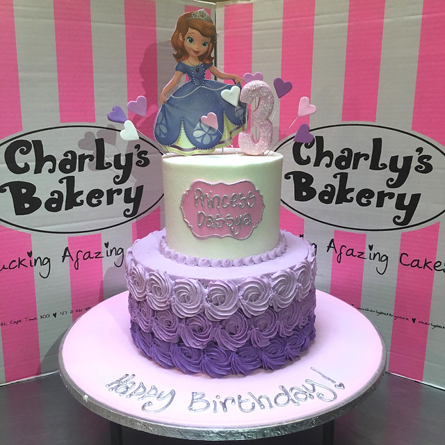 2-tier Princess Sofia the 1st themed cake with ombre rose swirl bottom ...