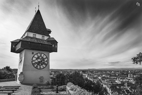 graz clock tower time austria old historic black white bw sky soft architecture rchitectural