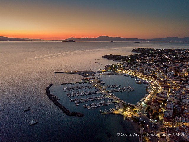 Sunset in Aegina's port from Above