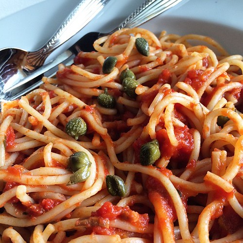 Capellini alla puttanesca for Sunday dinner tonight. I love capers! #pasta #dinner #pescatarian