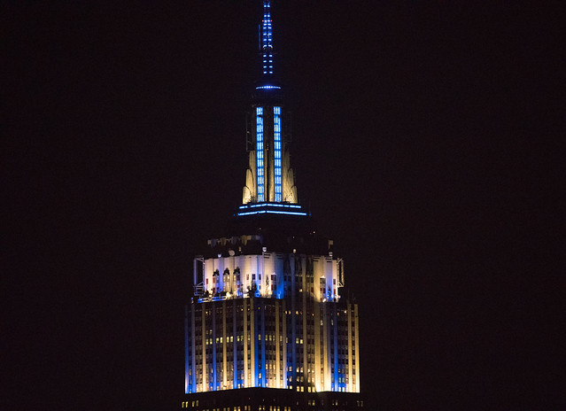 The Empire State Building is lit in Yankees pinstripes after the Yanks' 4-2 win over the Mets in the Subway Series Opener.