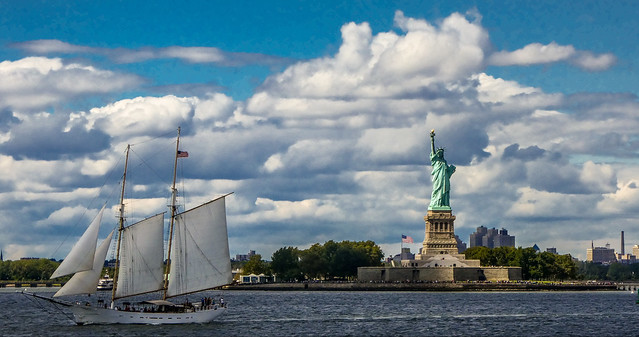 Sailing past the Statue of Liberty In New York Harbor