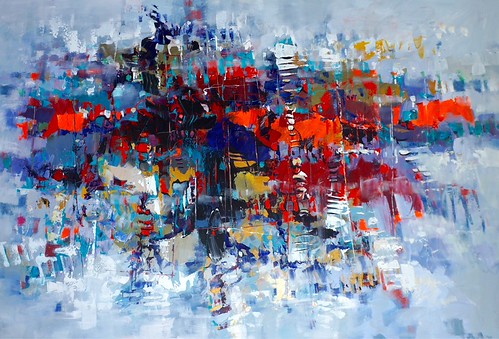 Horizontal blue and red marks on pale blue