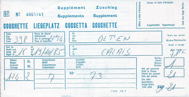 Couchette Reservation (Olten - Calais, 1985)