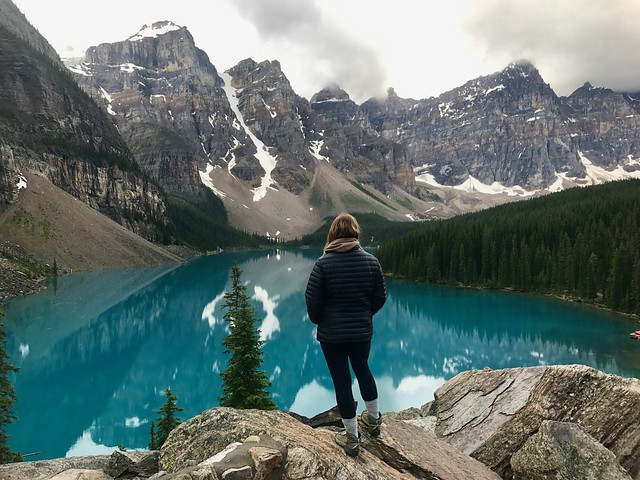 Marlena taking a pause to look the Valley of the Ten Peaks