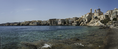 panoramic panorama pano 180 stitched outdoors sea sky summer vacation water clear beach beautiful colorful church city cityscape swimming hermoupolis ermoupoli syros island cyclades aegean greece nikond80