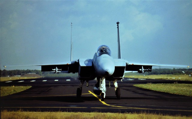F-15C Eagle 79-0021/ CR from 32nd Tactical-Fighter-Squadron/ United-States-Air-Forces-In-Europe is taxiing along the famous 