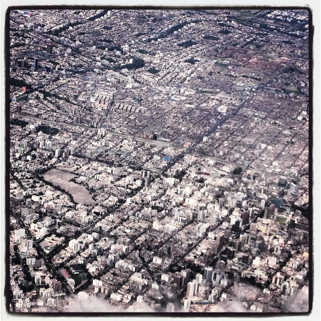 Aerial shot of an urban landscape.