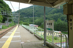 湯檜曽駅の上りホームからは、奥の山の斜面にループ線を走る列車が見える