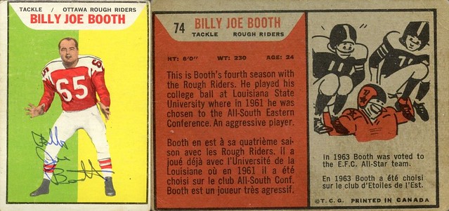1965 Topps / O-Pee-Chee CFL - BILLY JOE BOOTH #74 (Tackle) (b. 7 Apr 1940 - d. 30 Jun 1972 at age 32) - Autographed Canadian Football League Card (Ottawa Rough Riders)