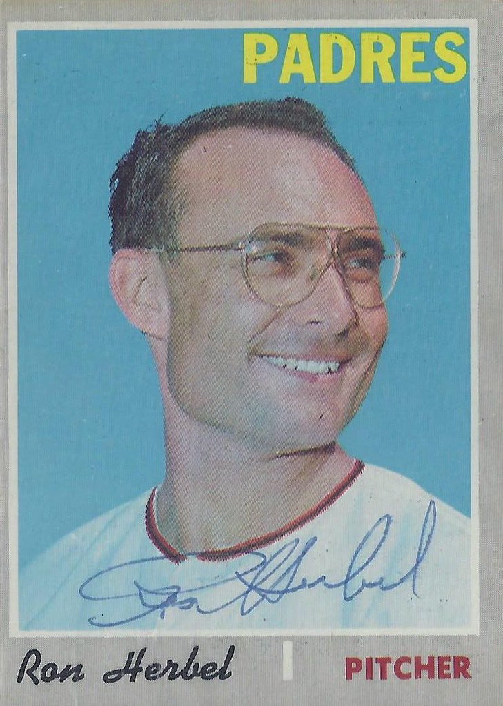 1970 Topps - Ron Herbel #526 (Pitcher) (b. 16 Jan 1938 - d. 20 Jan 2000 at age 62) - Autographed Baseball Card (San Diego Padres)