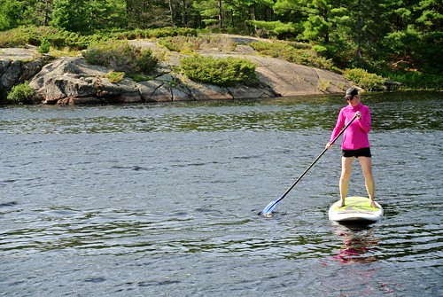 Women paddle boarding in the river.