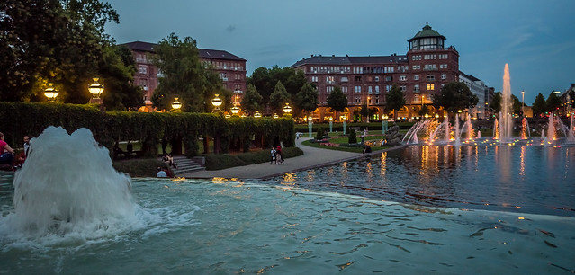 The fountains in Friedrichsplatz, Mannheim at night