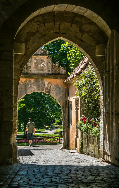 The Castle Gardens of Rothenburg, Germany seen through the Burgtor Gate