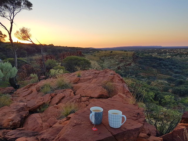 A cup of tea with the sunrise at Jump Up Lookout Rest Area along the Red Centre Way, near Kings Canyon, Northern Territory. Australia.