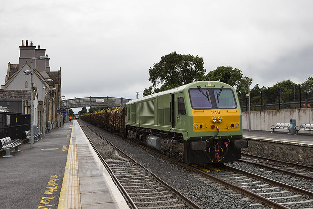 216 on Ballina-Waterford timber train at Kildare 01-Jul-16