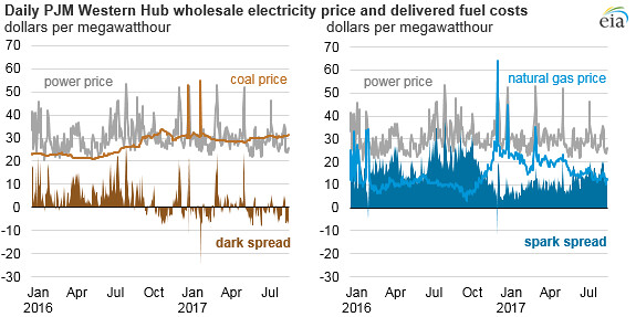 ... Daily PJM Western Hub wholesale electricity price and delivered fuel costs - Jan 2016-Aug